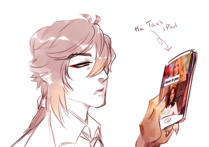 hu tao shows him her favorite memes during break time  
