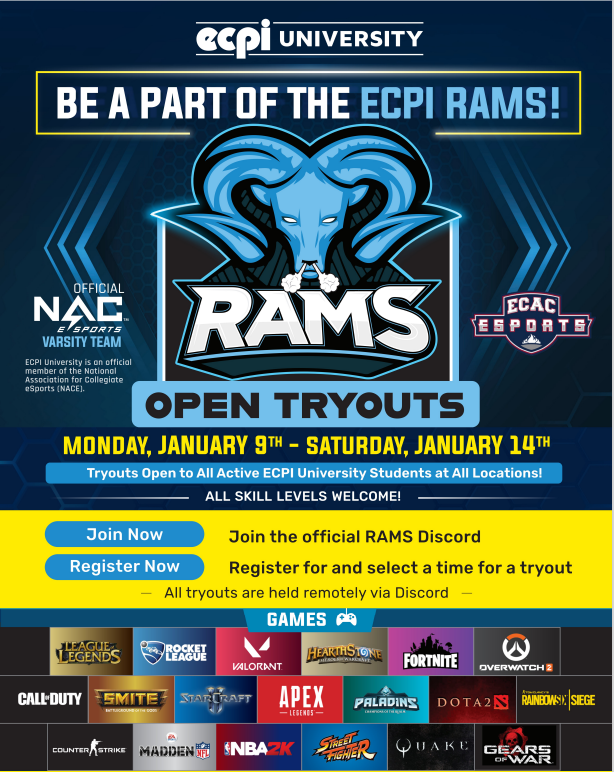ECPIRams's tweet photo. The ECPI Rams are holding open Tryouts for the Spring Season. This is your chance to represent ECPI in Collegiate Esports. Tryout spots are going fast so make sure you sign up for your spot today!
https://t.co/TYV7Zq9tAL https://t.co/ChUB6sg4D1