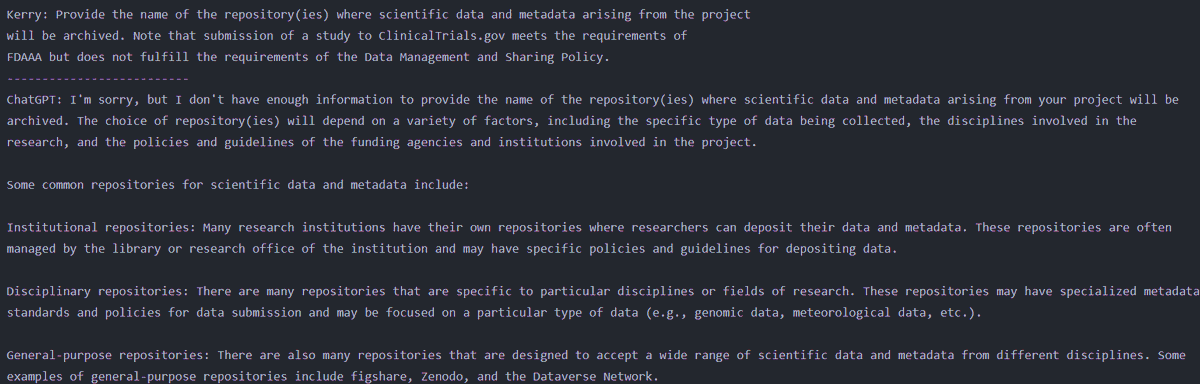 kerrywvu's tweet image. Ran the entire NIH Data Management and Sharing Plan template Qs through ChatGPT today. I feel seen!