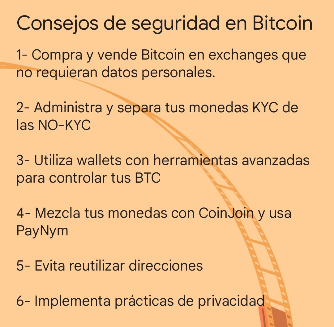 Consejos de seguridad en #Bitcoin
1- Puedes usar <a href="/RoboSats/">RoboSats</a> <a href="/lnp2pBot/">lnp2pBot</a> <a href="/bisq_network/">Bisq</a>
2- Utiliza wallet que tengan COIN-CONTROL
3- Puedes utilizar <a href="/SamouraiWallet/">Samourai Wallet</a> <a href="/SparrowWallet/">Sparrow Wallet 🐦</a>
4- Puedes utilizar las del punto 3
5- Cuando reutilizas direcciones, el receptor puede stalkear tu saldo.