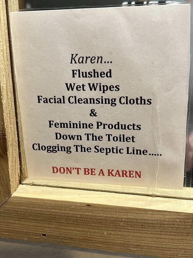 AfterAlexa's tweet photo. My friend discovered this laminated sign taped to the bathroom mirror of her Fredericksburg, TX, AirBnB. What an unpleasant surprise this must be for guests named Karen. How can people defend this as righting past wrongs? It’s nothing but bullying and scapegoating. #respectnames https://t.co/SOcBMKnjnv