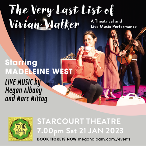 And so it begins - the 2023 Tour of The Very Last List Of Vivian Walker. Starring Madeleine West, Megan Albany and Marc Mittag.

Star Court Theatre Lismore 21st Jan 2023 7pm
starcourt20.sales.ticketsearch.com/sales/saleseve…

#livemusic #livetheatre #madeleienewest #meganalbanywriter #marcmittagguitar