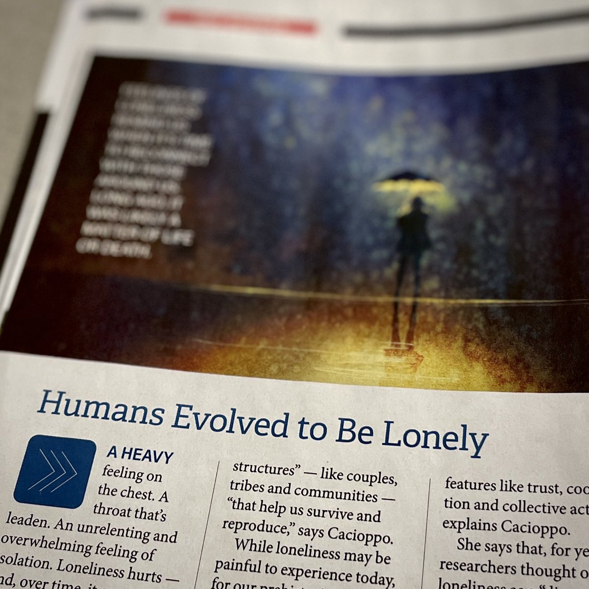 Great to see your words, @sarafnovak. What a fascinating take on the need for loneliness. That if feeling lonely while with others, we’re “subconsciously thinking that this crowd might not be a good evolutionary fit for [our] survival.” I’ve been to that party, lol @DiscoverMag