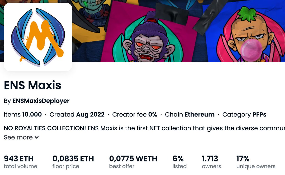 ENSDach's tweet photo. Die Community wächst und wächst immer mehr! 💪 
943Ξ Volumen. Der Floor Preis ist durchschnittlich bei 0.1Ξ! Die insgesamt gelisteten #ENSMaxis  
 liegen bei 6%!! 💯

@ENSMaxisNFT https://t.co/SpkRLb7DXa