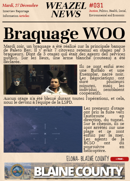 Weazel_fbackFA's tweet photo. 📢ARTICLES 
🗣️ Une revendication sur un braquage à Paleto Bay. 🔫

📰Votre article du 03/12 📰

❤️Likez 💬Commentez 👉Suivez
https://t.co/Pxf95y8GpE

#Flashbackfa #Weazelnews #GTARP https://t.co/P6GNVWRF1O