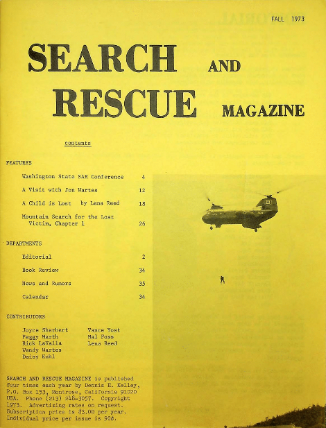 nasarhq's tweet photo. Fall of 1973 saw the publishing of the first newsletter 'Search and Rescue Magazine'. A subscription would cost you $3. Articles included 'A Child is Lost' and 'Mountain Search for the Lost Victim'. 

#nasarhq50 https://t.co/RiBoX6EwpU