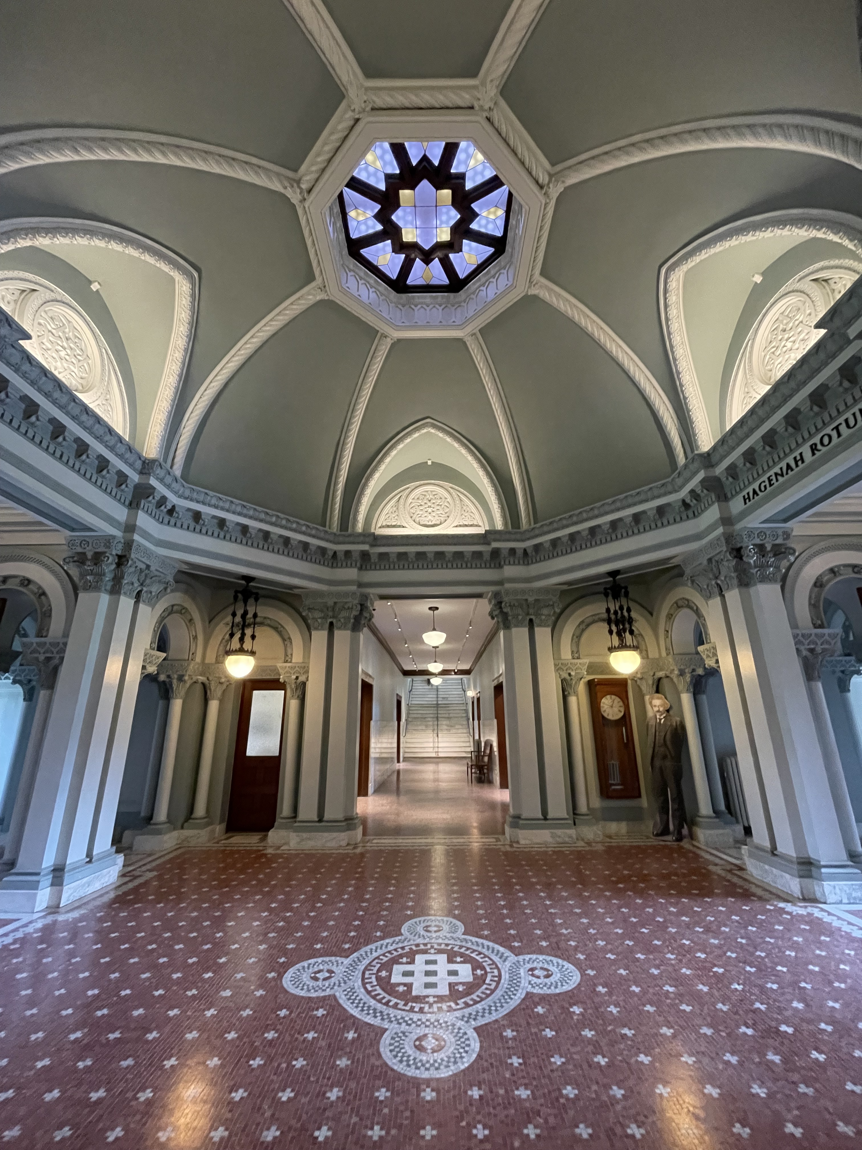 The entry Rotunda of Yerkes Observatory has been fully restored with the original marble mosaic floors.