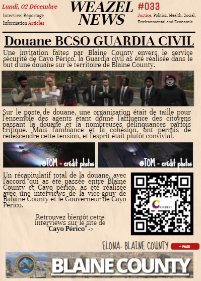 Weazel_fbackFA's tweet photo. 📢ARTICLES 
 🗣️La BCSO &amp; la GUARDIA CIVIL unis sur une même douane. ⚔️

📰Votre article du 03/12 📰

❤️Likez 💬Commentez 👉Suivez
https://t.co/Pxf95y8GpE

#Flashbackfa #Weazelnews #GTARP https://t.co/fzVWanKY5x