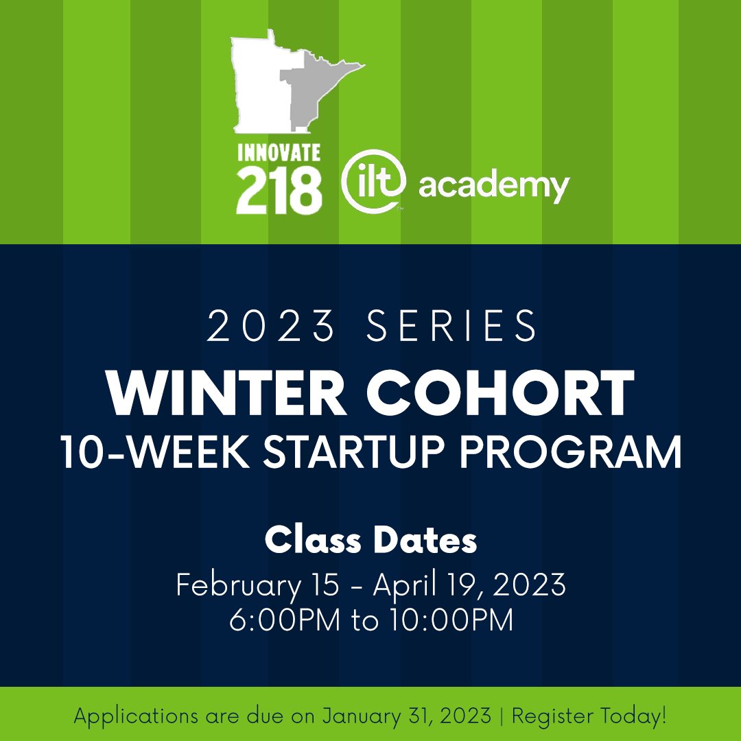 Innovate 218 &amp; ILT Academy are offering a no-cost 10-Week Lean Startup Program for entrepreneurs in NE MN! 

This program will coach and support you on your lean startup journey. Applications are due on 01/31.

For more info &amp; registration link ➡️ bit.ly/inn218win23