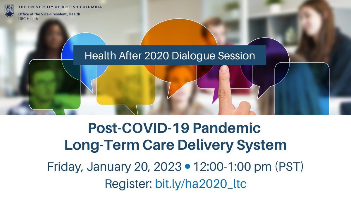 Happy New Year! Don't forget to register for our next #HealthAfter2020 session on post-pandemic long-term care delivery with Dr. Ardestani-Jaafari @UBCFOM + Dr. Tosarkani @UBCOSOE @ubcappscience + welcome by @kimchspr. More info/register: bit.ly/ha2020_ltc