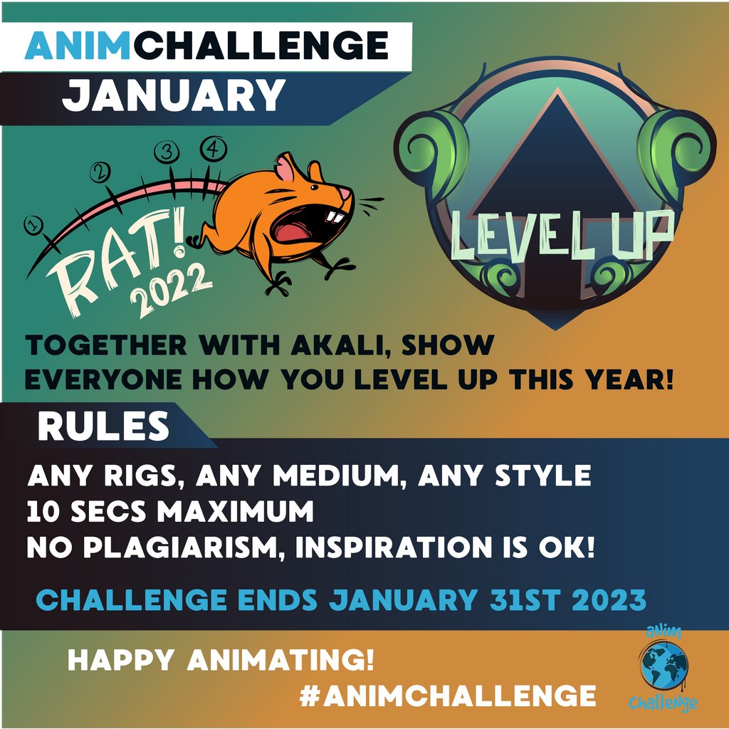 Here's a handy reminder for you! The January #AnimChallenge is here together with the <a href="/RatAnimators/">the RAT</a> , the theme is…LEVEL UP! 🔥

🔔 FOR MORE INFO: agora.community/AnimChallenge

Let's start out this new year SWINGING! 🔥

#agorastudio #animation #animator #animationchallenge #freerigs