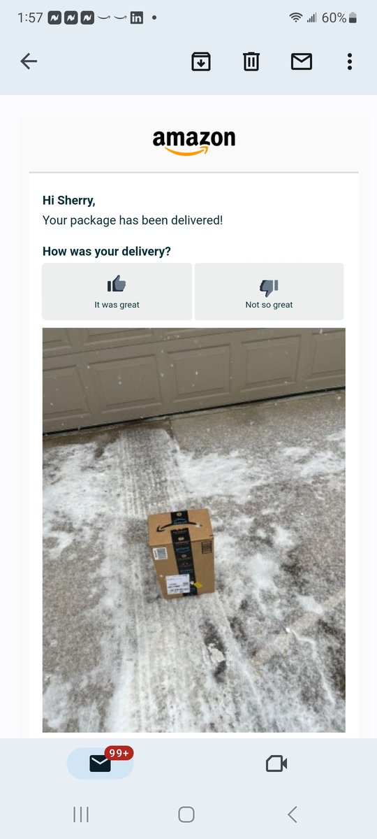 SNewellOpitz's tweet photo. Tough day, @amazon? Wrong house, and maybe with 10 inches of snow just starting, you could have set it on the covered porch 10 steps away? I answered #notsogreat. https://t.co/XgCFf0N2PO