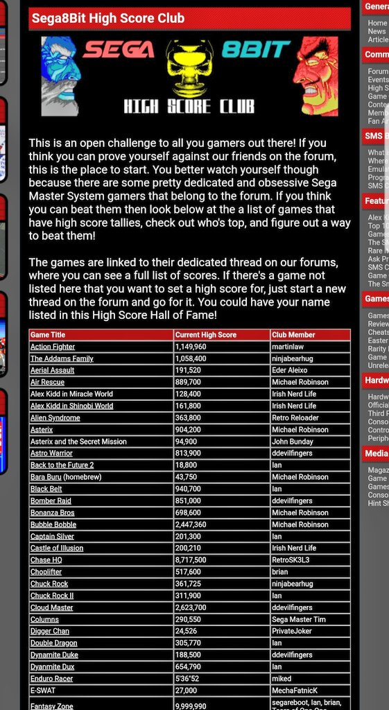 8BitBoyUK's tweet photo. @ian8bit has been busy adding your high scores to the SMS Tributes website. You can check out the website score page here:
https://t.co/YzJB4E9WRe
Tag me or Ian if any mistakes. And we'll have a new #MasterSystemChallenge on Saturday 👍 https://t.co/ONhcpeFQvj