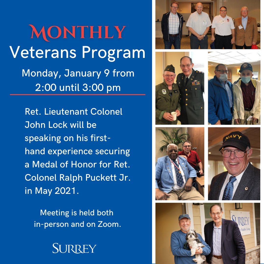 Surrey's Monthly Veterans Program returns for 2023! Join at Surrey Devon on January 9, from 2-3 pm. Each month, look forward to a different speaker sharing their experiences and answering questions. We are honored to hear from Ret. Lieutenant Colonel John Lock!