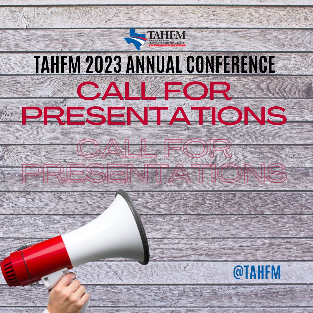 There's still time!  Submit your presentations for the 2023 TAHFM Annual Conference scheduled for April 2-5 at the Omni Hotel in Fort Worth. #TAHFM #FortWorth #Conference #publicspeakers #callforpresenters 

tahfm.org/page/2023cfp