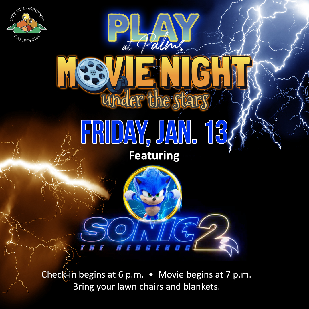 Play at Palms will feature the movie SONIC the Hedgehog 2 on Friday, Jan. 13 at Palms Park with check in beginning at 6 p.m. and the movie beginning at 7 p.m.   Pre-registration is not required. Visit https://t.co/xQwJv0HwrY for more information. https://t.co/a65hXcfuTq