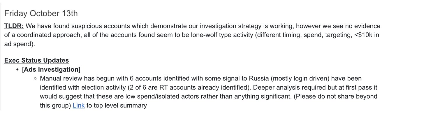 13. OCT 13 2017: “No evidence of a coordinated approach, all of the accounts found seem to be lone-w