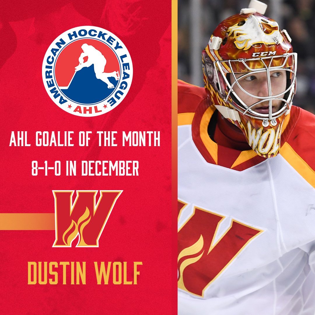 AHLWranglers's tweet photo. Congrats to Dustin Wolf who was named @TheAHL Goalie of the Month. 

Wolfie went 8-1-0 with 2 shutouts in December. 💪 https://t.co/JiIq2uWAUp