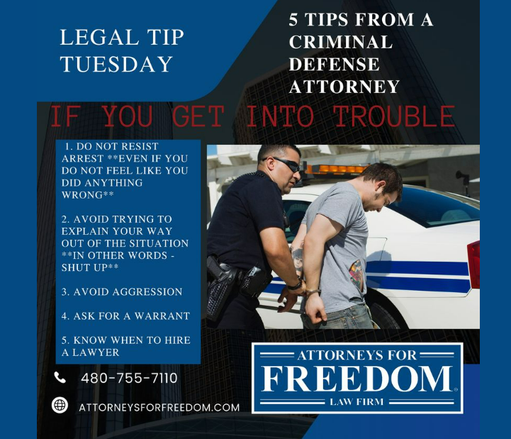 FreedomAttorney's tweet photo. LEGAL TIP TUESDAY - 5 TIPS FROM A CRIMINAL DEFENSE ATTORNEY IF YOU GET INTO TROUBLE -- 
If you have been charged with a crime or get into legal trouble, contact the Attorneys for Freedom today or call our Arizona office at 480-755-7110 to schedule a Strategy Session 
#lawfirm https://t.co/Kggx383SkD