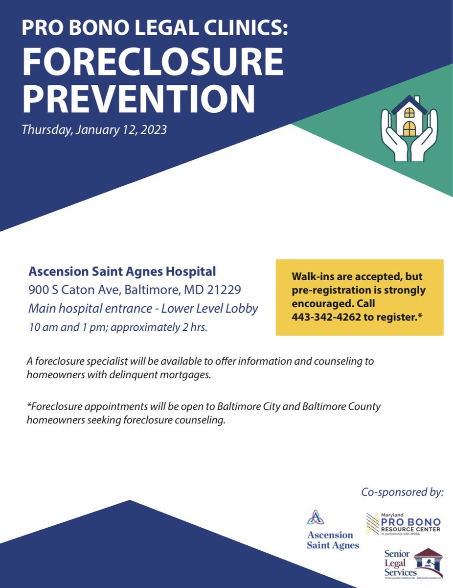 VioletvilleInc's tweet photo. Thank you @SaintAgnesMD for providing these FREE Estate Planning &amp; Foreclosure Prevention clinics.

Registration is required for the Estate Planning and walk-ins welcome for the Foreclosure Prevention. See flyer for details and share with your networks. https://t.co/I5PDcVWpGe