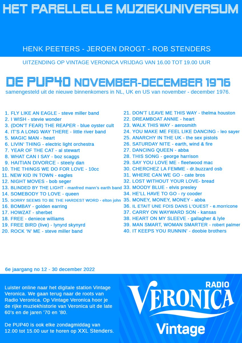 Voor wie de Parallelle Universum Parade, a.k.a. de PUP 40, van afgelopen weekend heeft gemist, hier kun je de 3 uurtjes met jullie favoriete tijdruimtereizigers <a href="/robstenders/">Rob Stenders</a> <a href="/JeroenDrogt/">Jeroen Drogt</a> en @Eclectica_Henk terugluisteren => hearthis.at/xxl-stenders/
De lijst staat hieronder :-)