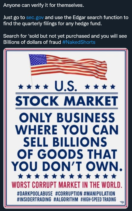 acegagetsrus's tweet photo. @GaryGensler @SECGov Don't make me laugh,  the entire US Market is a Scam.

Dark pool abuse, naked shorting, Counterfeit Shares, Spoofing, FTDS, whilst the @SEC_Enforcement team is complicit! #finrafruad #FTDS @TheJusticeDept @LisaMonaco @DOJCrimDiv @FBI #CitadelScandal https://t.co/eCY9gEo8D4