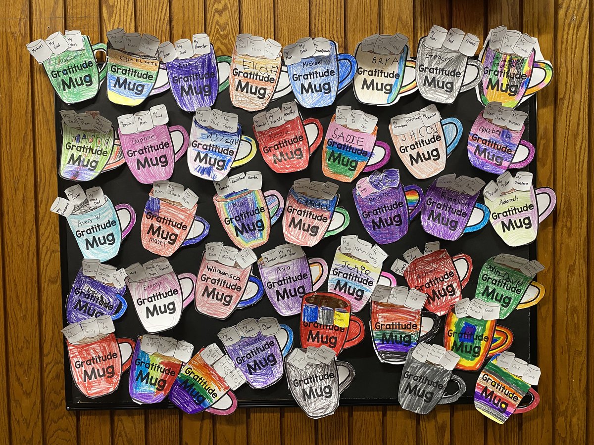 Nice display seen recently at the South School...<a href="/South_Sharks/">South Elementary</a> Kindergarten students made gratitude mugs, writing three things they are thankful for on paper marshmallows floating on top of the paper mug.
