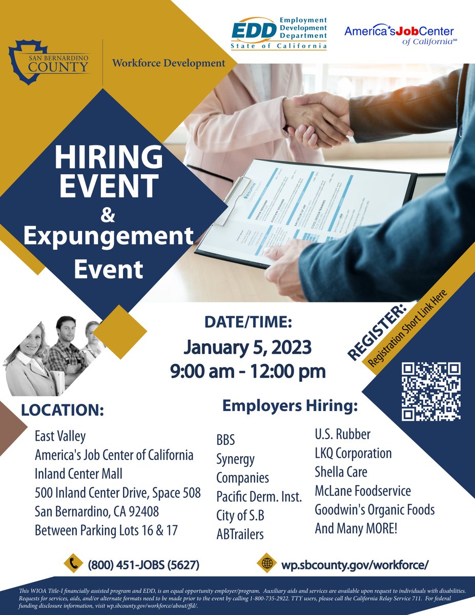 Join us this Thursday, January 5, for the first Expungement Event of 2023, hosted by Workforce Development.
#PublicDefense #SBCounty #ClearYourRecord #Expungement #SecondChance #RecordClearing #SanBernardino #HolisticDefense #FairChance #Justice #Equity #Dignity
