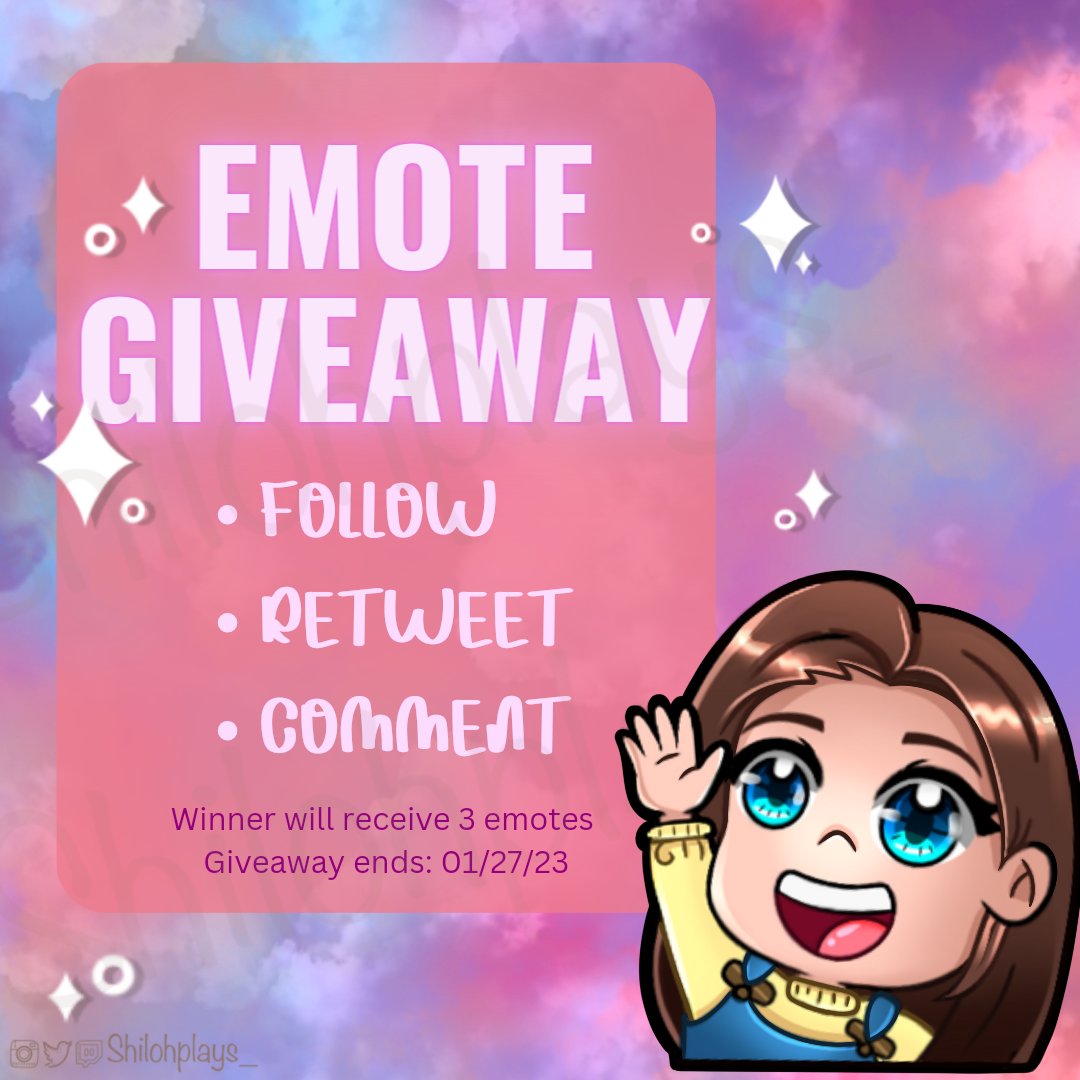 🎊NEW YEAR 🎊
✨️Emote Giveaway ✨️

Winner gets three custom static emotes! 

Rules to Enter:
✨️ Must be following (new followers are welcome)
✨️ Comment on this Tweet
✨️ Retweet this tweet

Giveaway runs from
 Jan. 3 - Jan.27