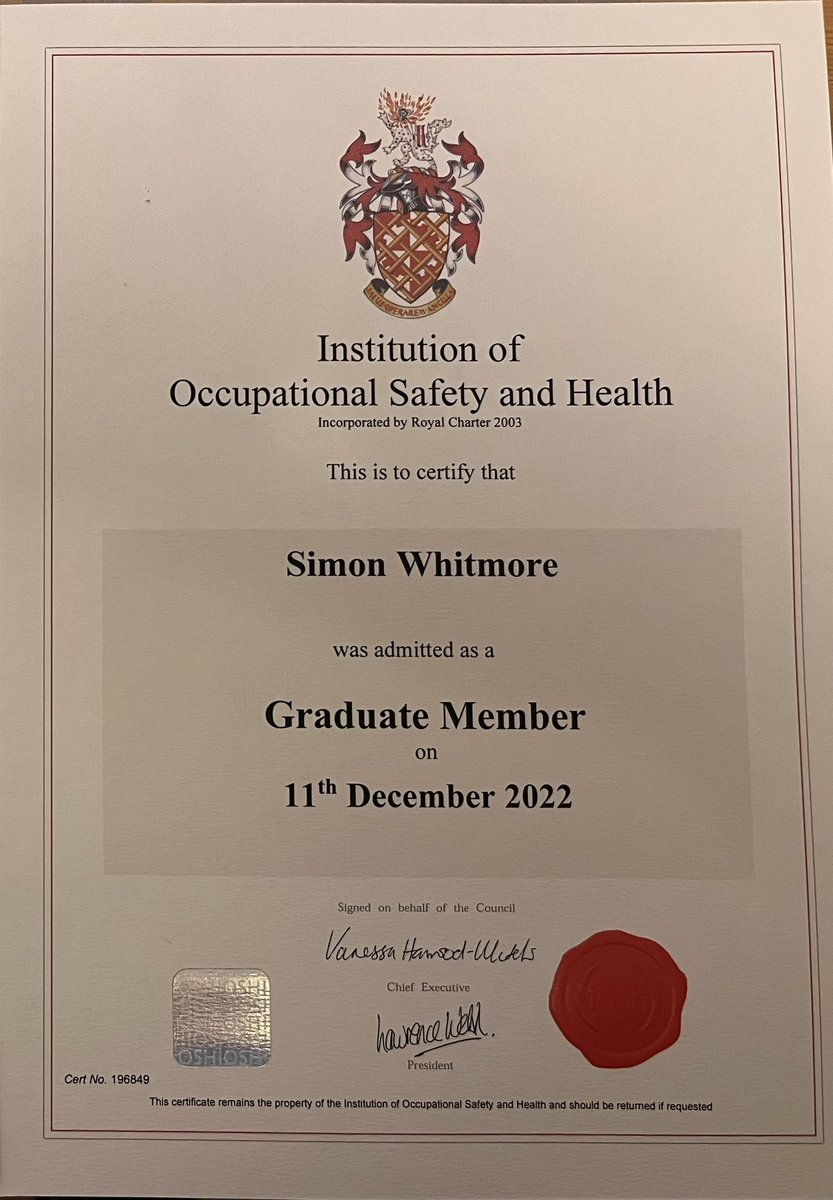 Grateful to be have received this over the Christmas period. Looking forward to starting the journey to chartered status hopefully later this year with <a href="/IOSH_tweets/">IOSH</a>