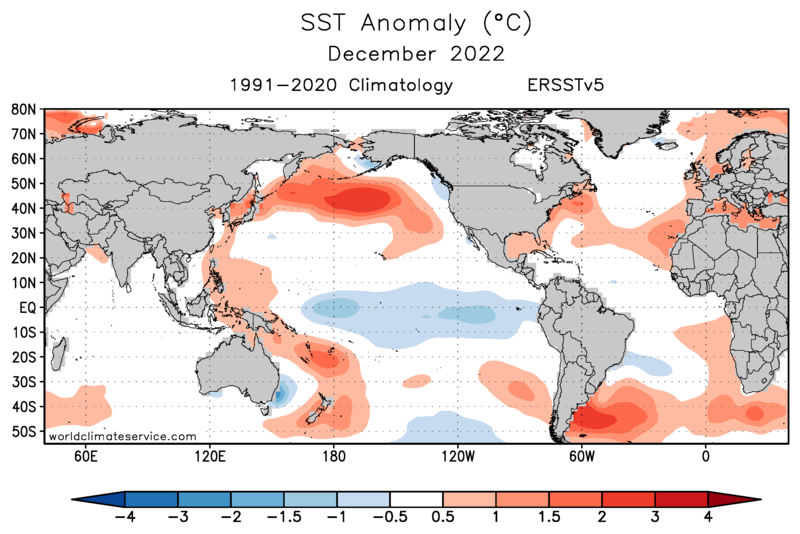 The North Pacific's 'great red spot' of above-normal SSTs remained glaringly obvious in December, and has a lot to do with N Hemisphere weather patterns this winter so far. There's also a major #marineheatwave in the SW Atlantic, linked to Argentina drought. And La Niña persists.