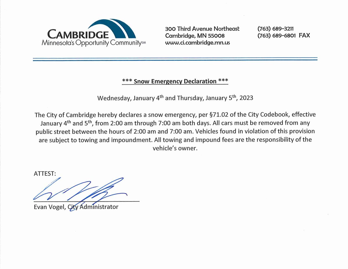 cambridgemned's tweet photo. *Snow Emergency Declaration* 
Wednesday, January 4th and Thursday, January 5th, 2023
The City of Cambridge declares a snow emergency, per §71.02 of the City Codebook, effective January 4 and 5, from 2:00 am through 7:00 am both days. Cars must be removed from any public street. https://t.co/SqOl0KBIWO