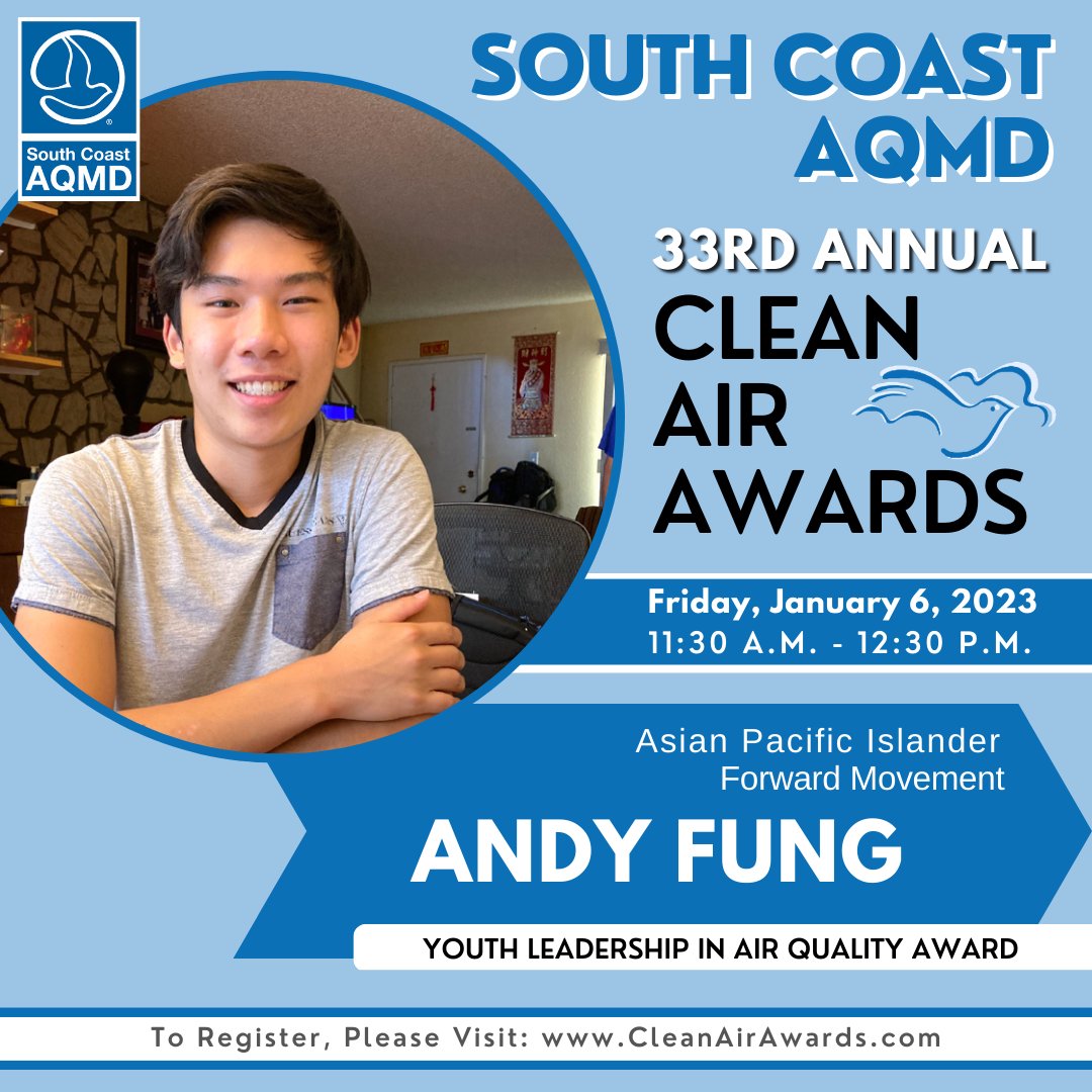 SouthCoastAQMD's tweet photo. Take part in our #CleanAirAwards ceremony this week as we honor community leader Angie Balderas with our Dr. William A. Burke Award and @UCLA / @forwardAPI's Andy Fung with our Youth Leadership in Air Quality Award!
Register to attend our virtual show: https://t.co/8eMd0eb7tY https://t.co/vkpD6gb12N