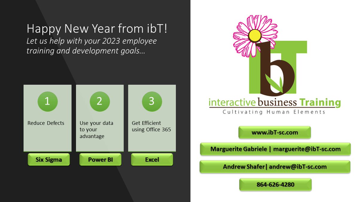 Happy New Year from ibT! Let us help with your 2023 employee training and development goals...
-Reduce defects with Six Sigma
-Use your data to your advantage with Power BI
-Get efficient using Office 365 with Excel
ibT-sc.com