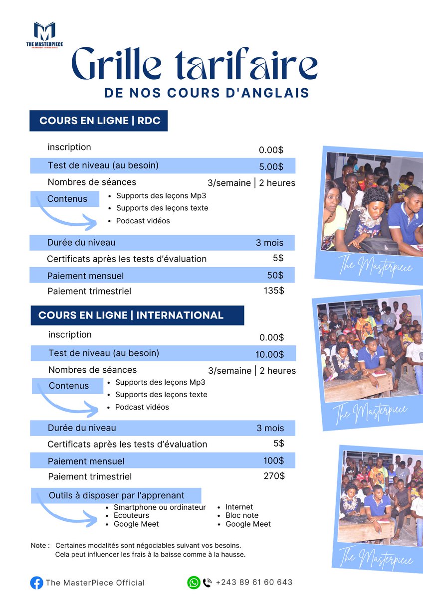 TheMaster00243's tweet photo. En 2023, apprenez l'anglais🙃

Nous avons pris en compte vos doléances et suggestions.
Ns avons mis en place un programme de cours en ligne. 
Voici nos tarifs abordables👇🏾

Aigle @leParrainRDC vs n'aurez plus à vs inquiéter lors de votre prochain voyage dans un pays anglophone😀! https://t.co/ko0LpaV49m