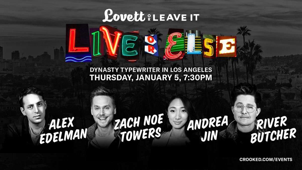 THIS THURSDAY: @jonlovett will be back @JoinTheDynasty with guests @AlexEdelman, @ZachNoeTowers, @andreajin_, and @rivbutcher joining him on stage. See you soon: crooked.com/events/?utm_so…