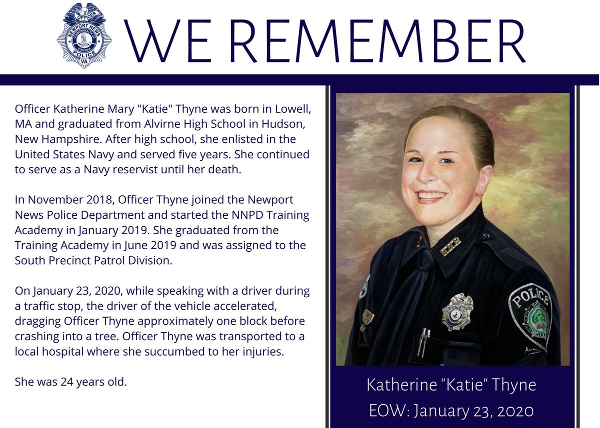 NewportNewsPD's tweet photo. ALWAYS IN OUR HEARTS. Today marks the three-year anniversary of the line-of-duty death of Officer Katherine "Katie" Thyne. Please join us as we remember her service and sacrifice. https://t.co/6OLbhnWCc2