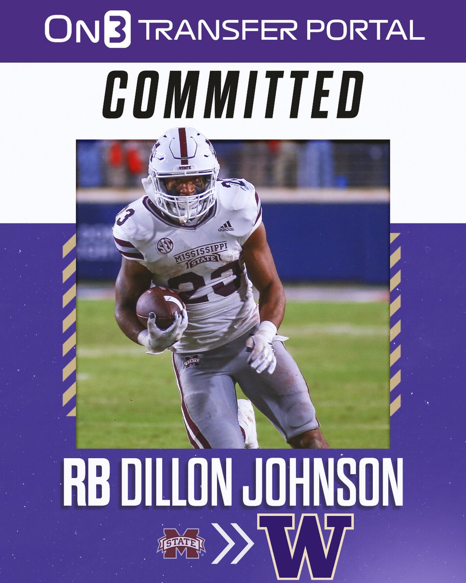 On3's tweet photo. 🚨BREAKING🚨 Former Mississippi State RB Dillon Johnson committed to transfer to Washington.

More: https://t.co/2y5SsL9qgm https://t.co/YPHuJejU12