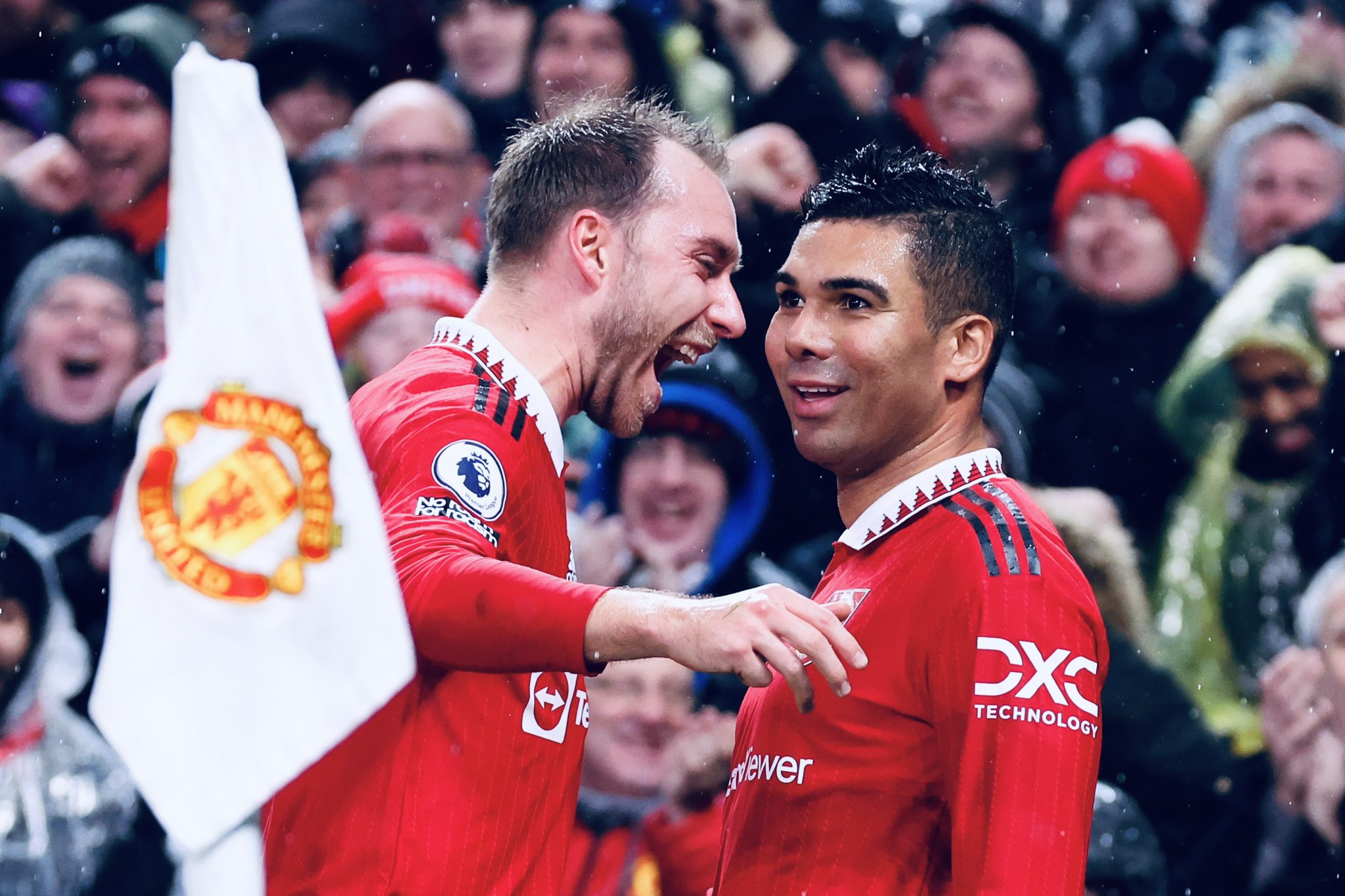 Christian Eriksen celebrates our first goal with Casemiro.