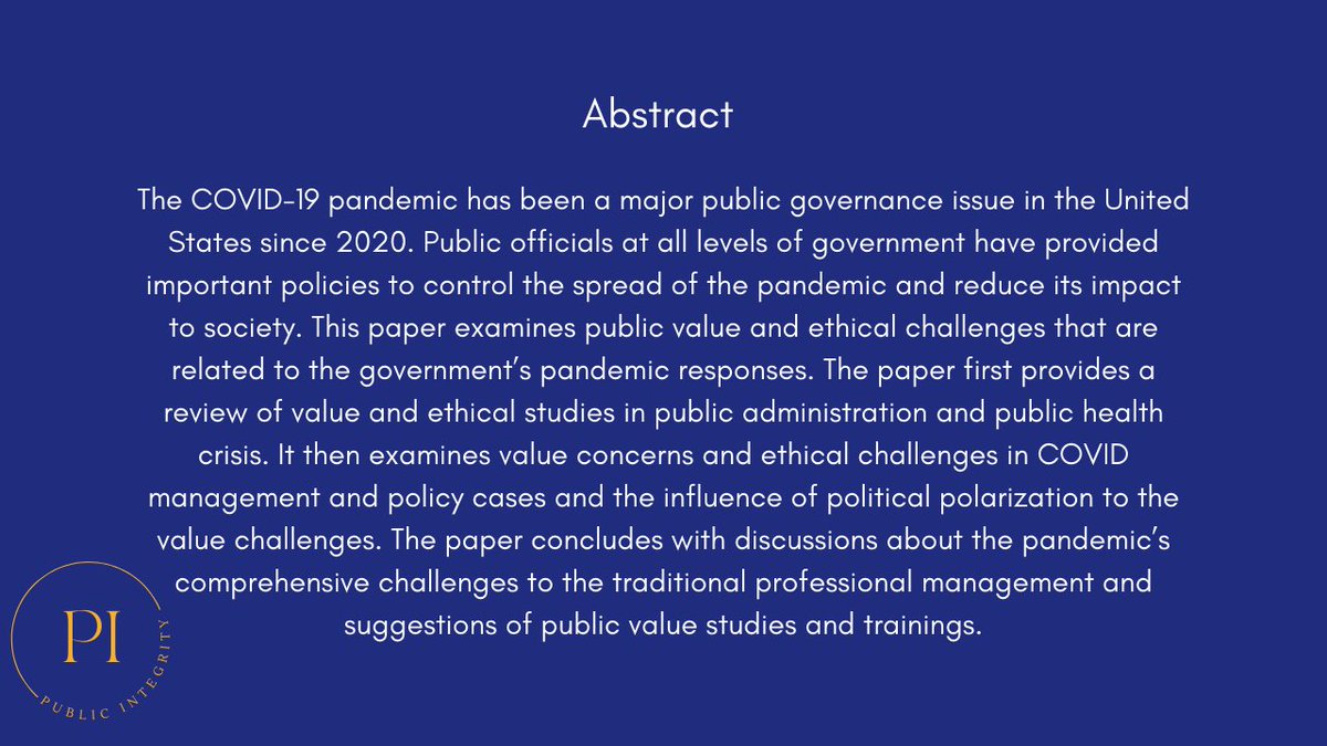#PublicValue and #EthicalChallenges in the #COVID19 Pandemic Response

This paper examines public value and ethical challenges that are related to the government’s pandemic responses.

tandfonline.com/doi/full/10.10…

@Gov_Performance @napawash @APJournalPA @GovernanceUrban @ASPANational