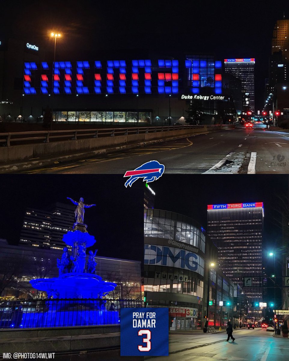 CincyProblems's tweet image. Cincinnati all lit up in #Bills colors for Damar Hamlin. 💙❤️ #BillsMafia #PrayForDamar