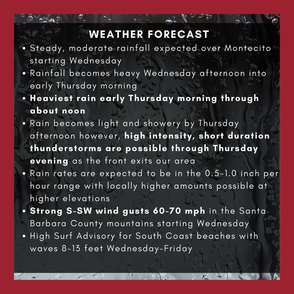 montecitofire's tweet photo. NEWS RELEASE: Weather Advisory issued for Montecito in preparation for incoming storm producing heavy rain, strong winds and high surf➡️  https://t.co/WIjCd3bhDp https://t.co/qlJkiL6OqE