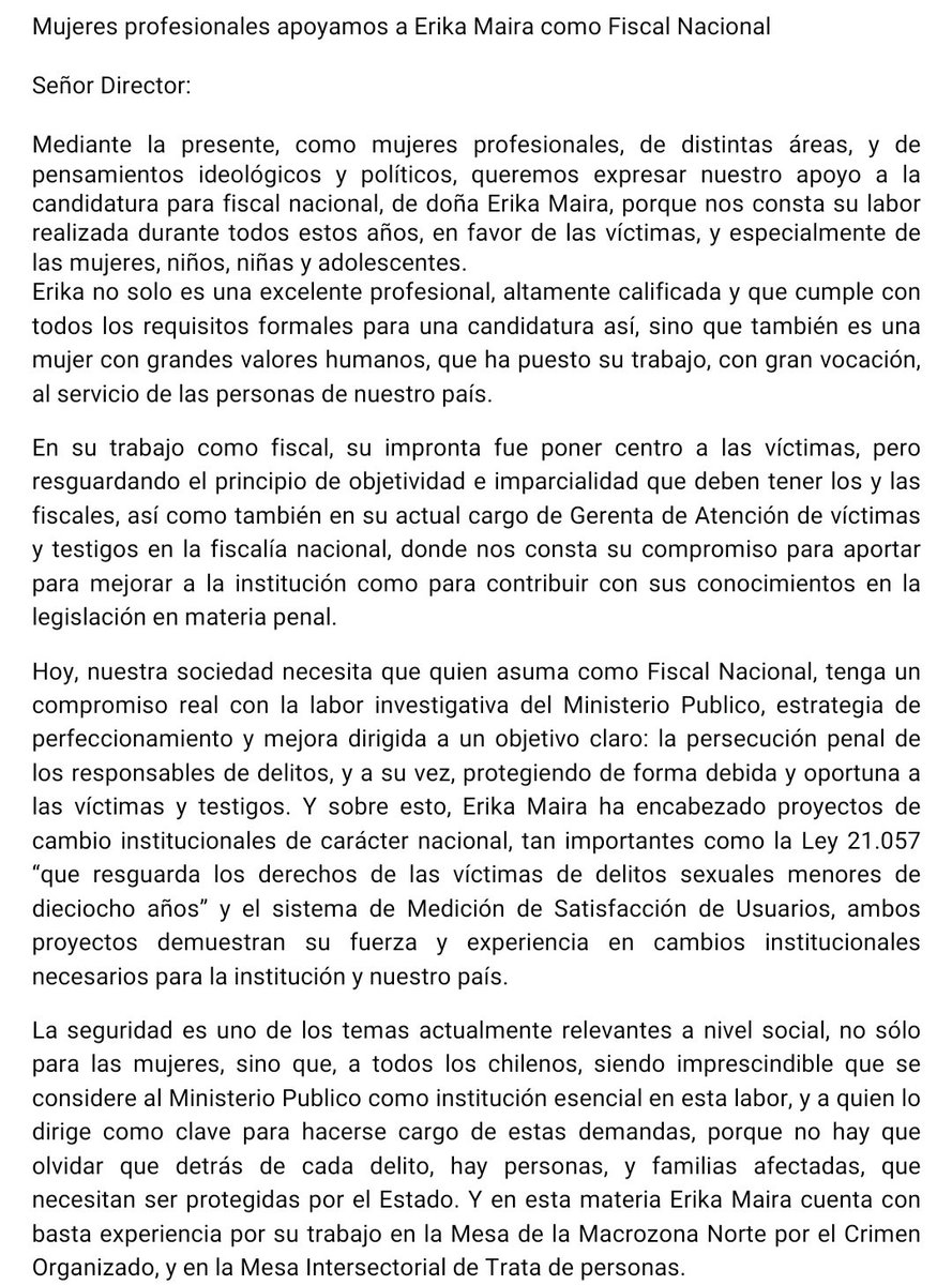 MDanielaCceres1's tweet photo. Hoy más que nunca, urge que haya una futura  #fiscalnacional con la trayectoria y compromiso profundo que posee @ErikaMaira Conocemos y admiramos su trabajo, junto con su férreo compromiso en la protección y defensa de los derechos de niños, niñas, adolescentes, mujeres y madres https://t.co/UVapQPItHl