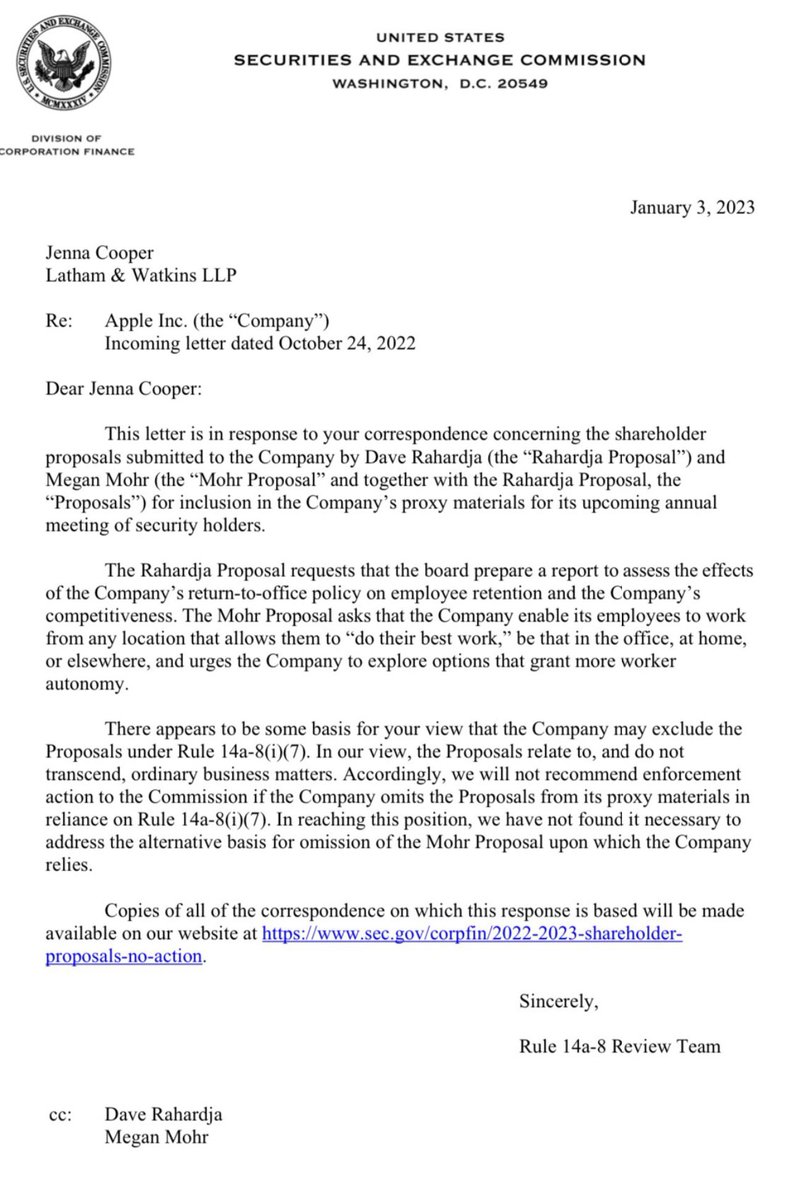 apple won’t have to write up a report on the value/impact of remote work, as requested by some shareholders and employees. 

The SEC agreed with Apple that this concerns (and does not transcend) ordinary business matters to be dealt with my management.