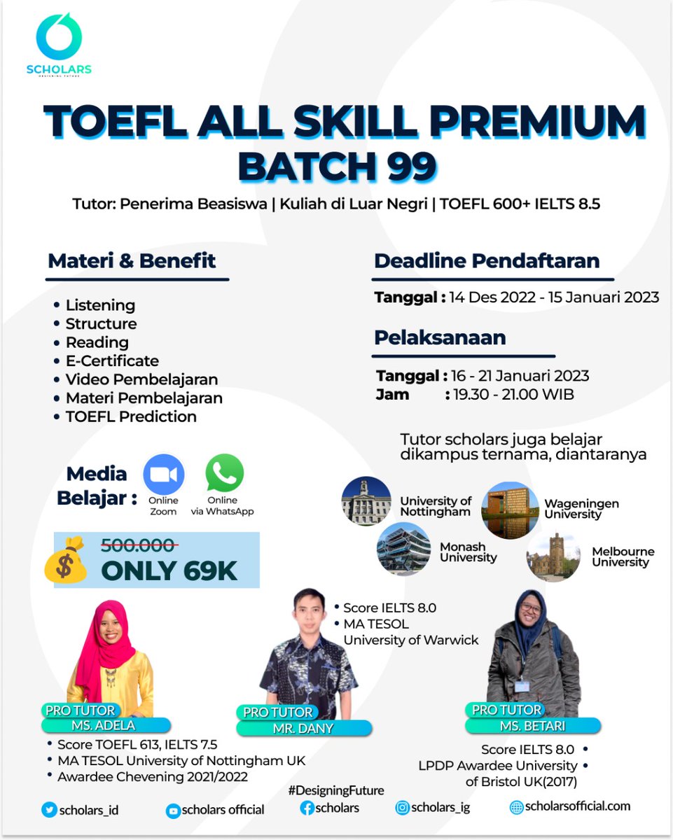 xnhanaaa's tweet photo. ❗JAGO TOEFL DALAM 1 MINGGU❗
🔖Kupas tuntas materi TOEFL All Skill, dapatkan 2× TOEFL Prediction Test, Recording pembelajaran, E-Certificate
🔖Only 69k
LIMITED SEAT!!
More info : DM✨
#TOEFL #ielts #toeflielts #lestoefl #lesbahasainggris #toeflitp #beasiswa #kursus #testtoefl https://t.co/14SH3juhgF