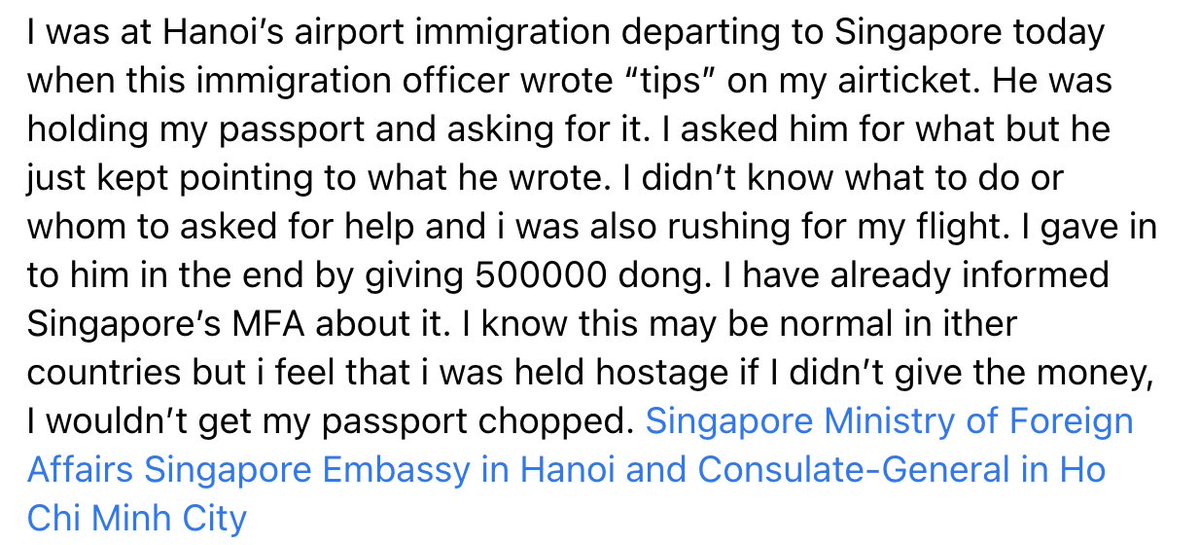 ngahpham's tweet photo. In a Facebook post, a Singaporean man accused immigration staff at Hanoi Airport of asking for a bribe when he was trying to leave Vietnam. The man gave in and paid 500K VND ($21). His post was shared 6.2K times in 2 days. I hope there will be a thorough investigation into this. https://t.co/fam66NHs6F