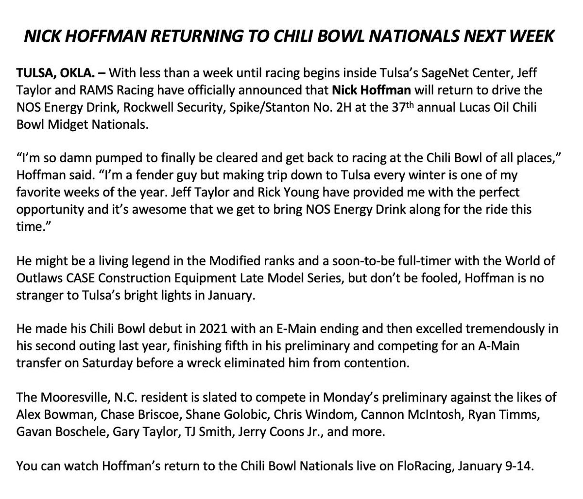 Walkapedia_'s tweet image. He’s coming back to the @CBNationals! 😤

After nearly qualifying for last year’s Championship A-Main, @Nick_Hoffman2 will return to the Chili Bowl in a @NosEnergyDrink, @Rockwellinc, @RAMS_Racing #2H.

The @WoOLateModels full-timer is set for Monday’s preliminary in Tulsa!