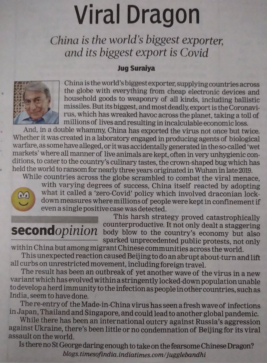 nikhilraghavan's tweet photo. Is there no St George daring enough to take on the fearsome Chinese Dragon, asks Jug Suraiya in his column in TOI. This is a question which has been asked a million times by everyone around the world, ever since the first time the Coronavirus reared its head. There's no answer... https://t.co/z1hLxS6c2P
