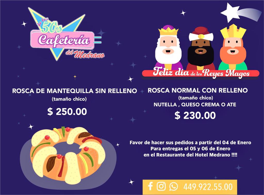 AMHYM_ags's tweet photo. Haz tu pedido de la tradicional Rosca de Reyes con los deliciosos sabores #DeLos50sCafetría del Hotel Medrano. No tardes que se terminan‼️‼️🤴🏻🫅🏼🤴🏿

📲 WhatsApp: https://t.co/PlUwzarvdC 
📞  449 915 55 00 https://t.co/Ww4hhqaXSc