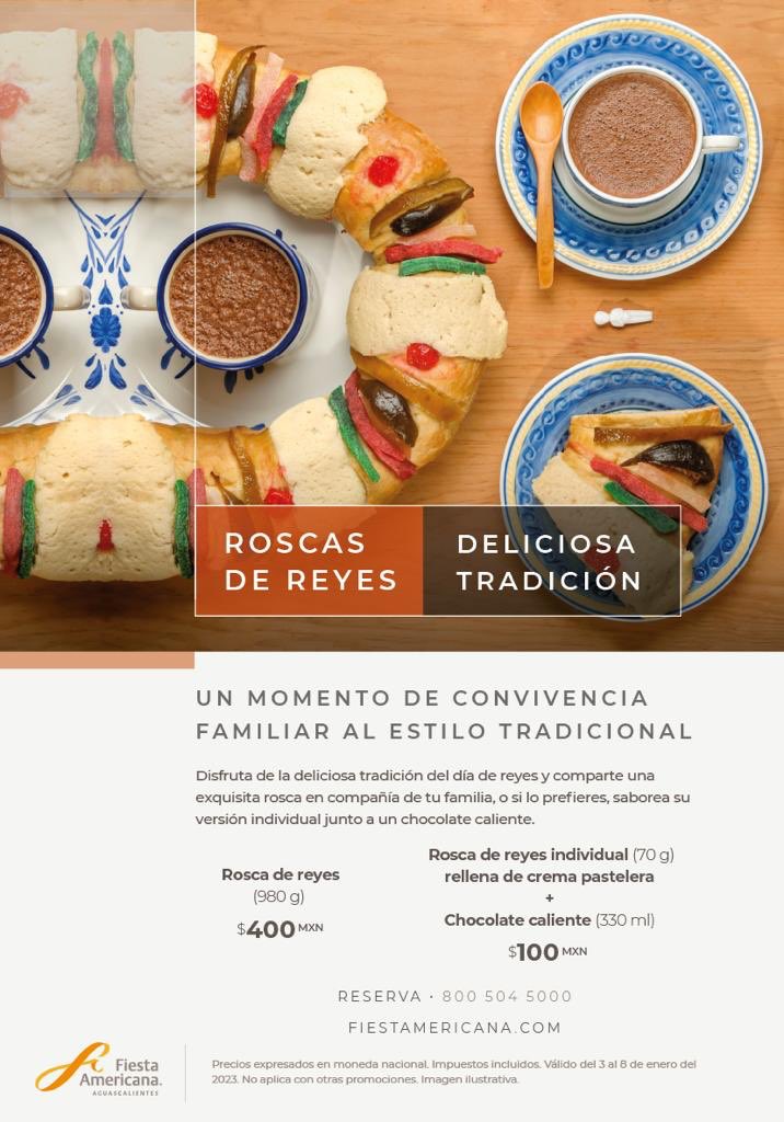 AMHYM_ags's tweet photo. Disfruta en familia este Día de Reyes en el #HotelFiestaAmericana #Aguascalientes con una deliciosa Rosca junto a su chocolatito caliente. Te esperamos‼️‼️🫅🏼🤴🏻🤴🏿☕️ https://t.co/SXl5qMLsKU